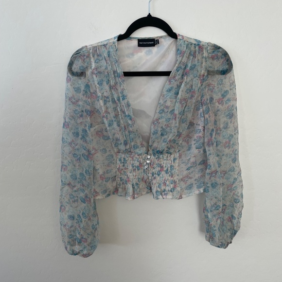 Chiffon Ruched Floral Hipster Hippie Artsy Boho Bohemian Coquette Blouse Top - Picture 3 of 4